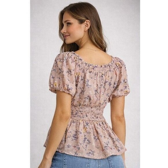 Derek Heart Pink Blush Floral Smocked Peplum Top Size Jrs M Cottagecore - Picture 2 of 8